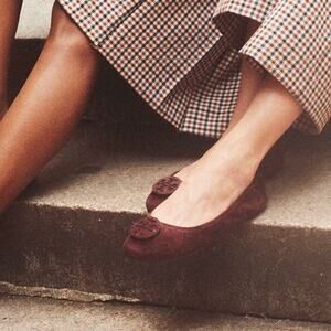 Tory Burch Minnie Travel Flats Size 5.5 Black Cherry Burgundy Leather Ballet